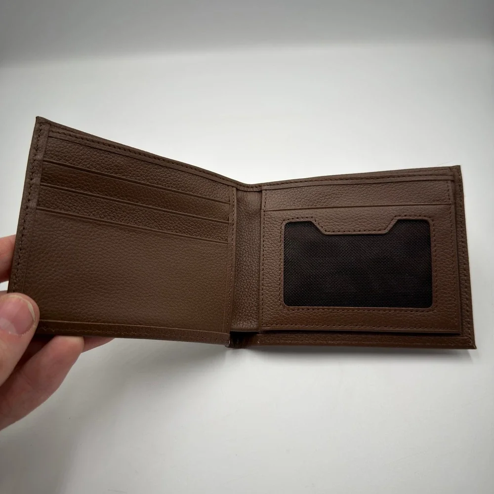 Lee-Tee Red Buffalo Hub Brown Pebbled Leather Bifold Wallet Zipper Pocket Mens